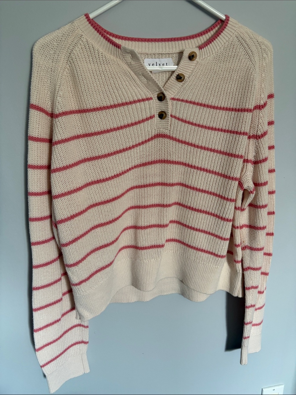 Velvet Cream Sweater with Pink Stripes and Henley Buttons